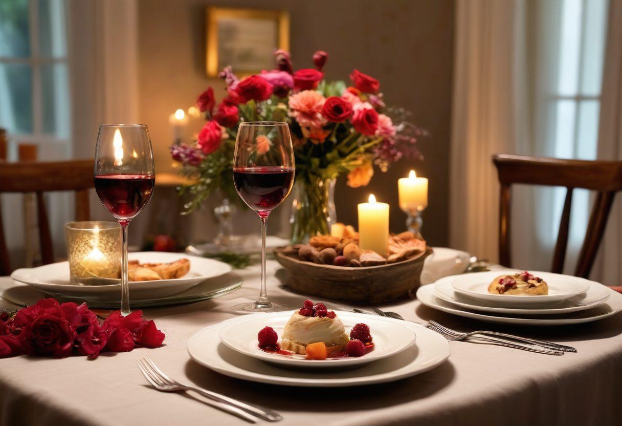 A beautifully set dinner table for two, adorned with seasonal flowers and soft candlelight, featuring exquisite plates of appetizers and desserts artfully arranged. In the background, a cozy ambiance with warm lighting and a hint of romantic music notes fluttering through the air. A glass of red wine and a sweet dessert elegantly displayed to enhance the date night vibe. super-realistic. vibrant colors. soft focus.