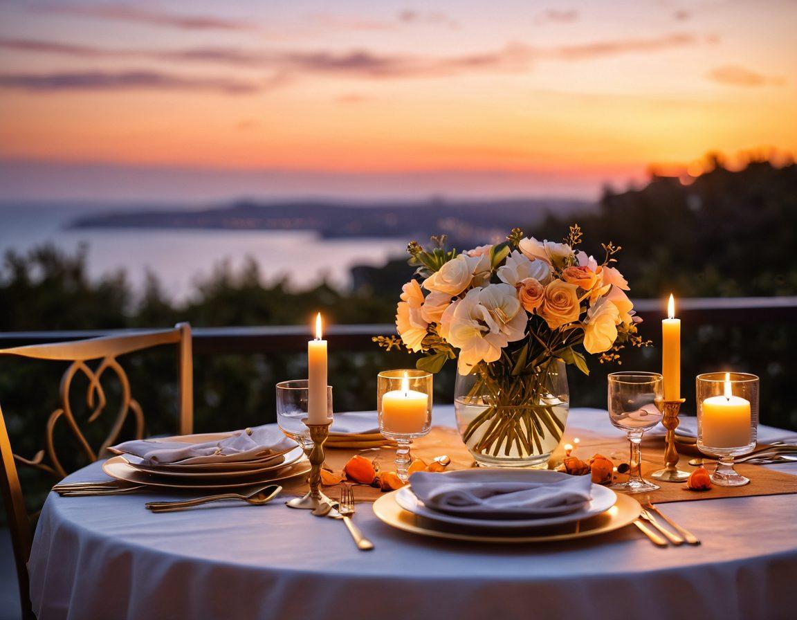 A beautifully set dining table for two under soft, golden candlelight, adorned with elegant tableware, delicate blooms, and a gourmet meal. In the background, a subtly blurred view of a sunset sky creates a romantic ambiance, evoking warmth and intimacy. Add soft bokeh effects around the candles to enhance the mood. super-realistic. vibrant colors. soft-focus.