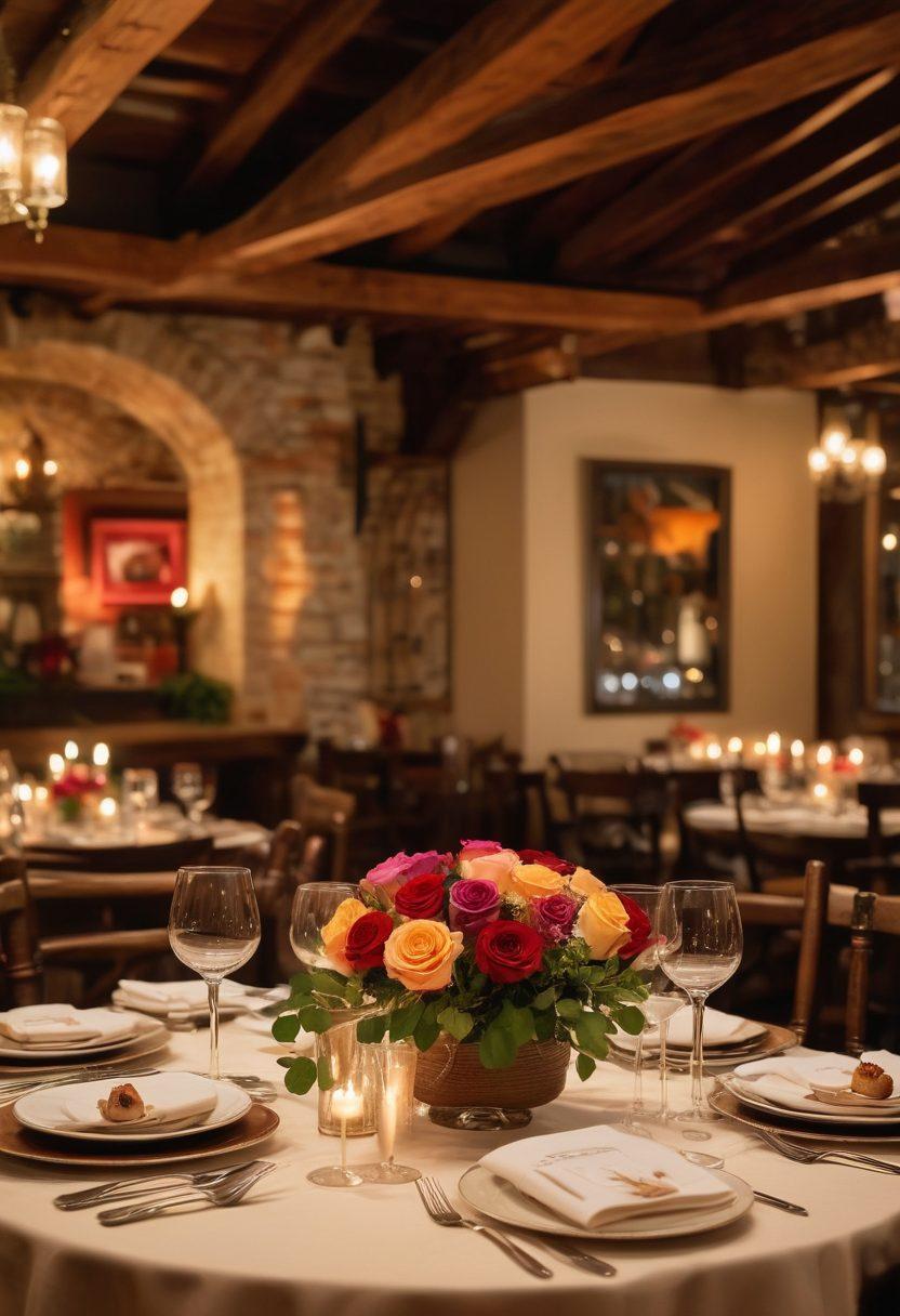 A beautifully set dining table adorned with fine china, flickering candlelight, and a colorful bouquet of roses. In the background, a cozy Italian restaurant ambiance complete with rustic wooden beams and soft, warm lighting. Plates filled with gourmet Italian dishes like pasta, tiramisu, and a bottle of fine red wine on the side. Soft romantic music notes floating in the air, creating an inviting atmosphere for couples. super-realistic. warm tones. intimate setting.